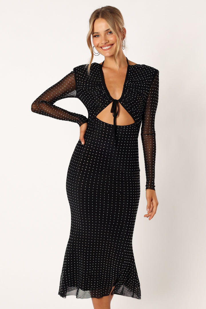 VIVIENNE - EMBELLISHED TIE FRONT MIDI DRESS
