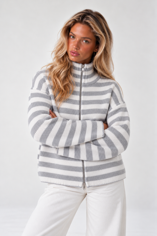 SADIE - WHITE + GREY STRIPED ZIPPER CARDIGAN
