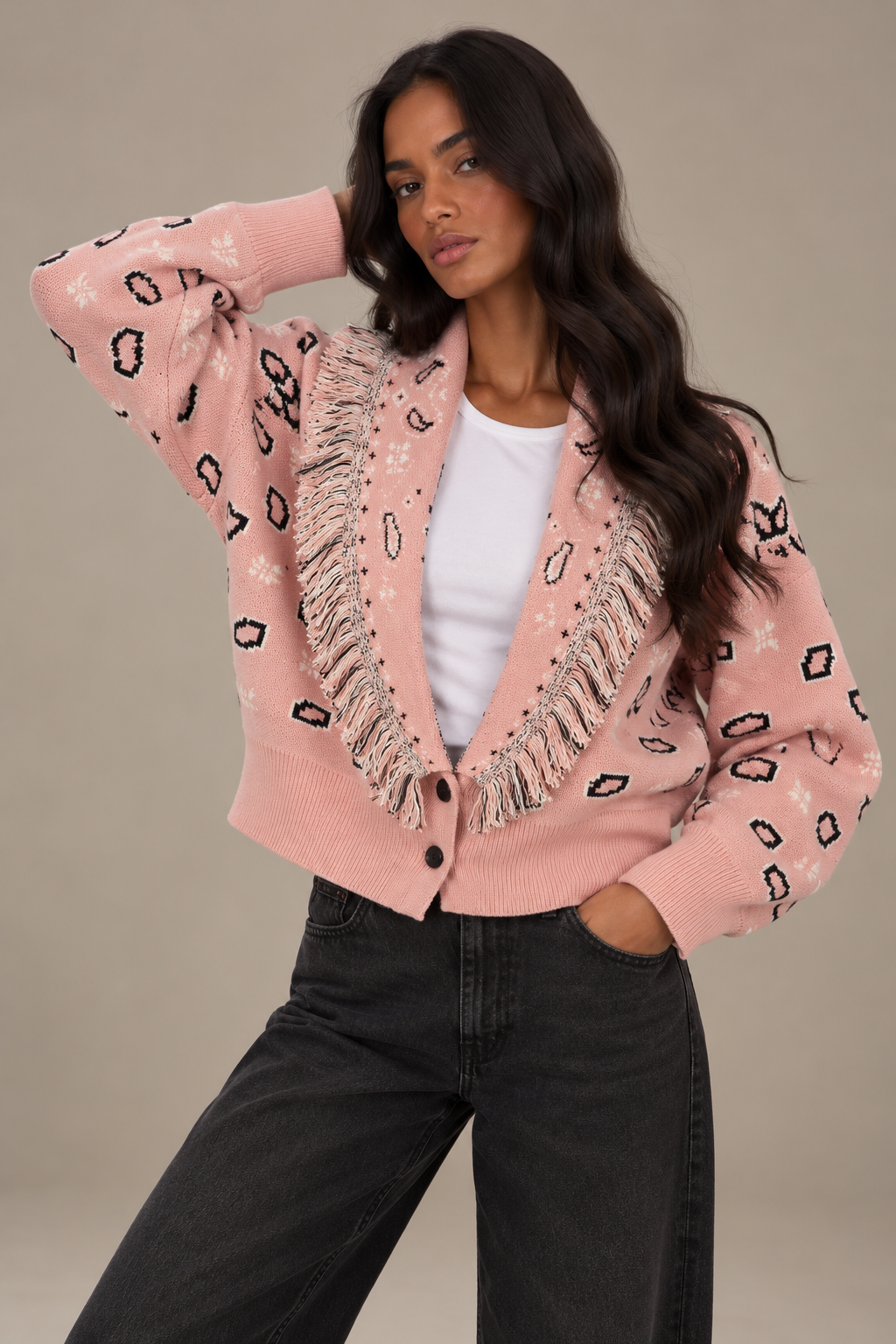 ROMY - PINK FRINGED BUTTON CARDIGAN