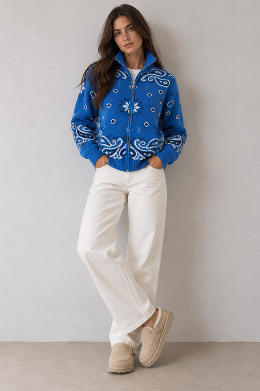 JOEY - COBALT BLUE PAISLEY ZIP UP CARDIGAN