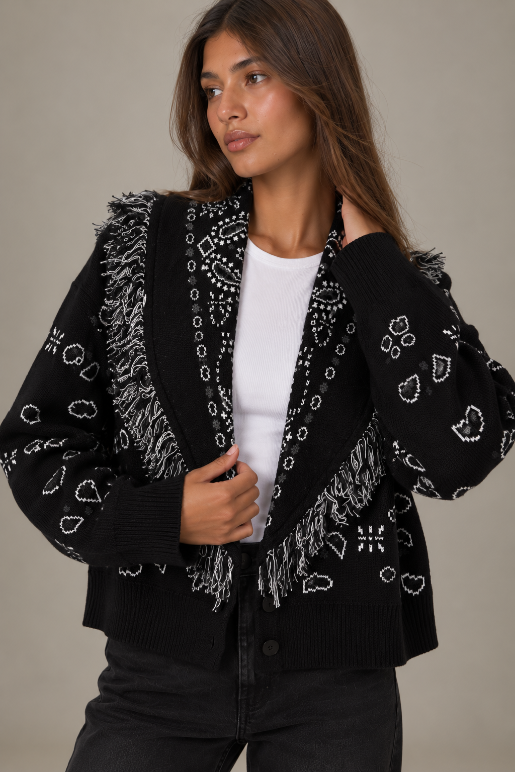 ROMY - BLACK FRINGED BUTTON CARDIGAN