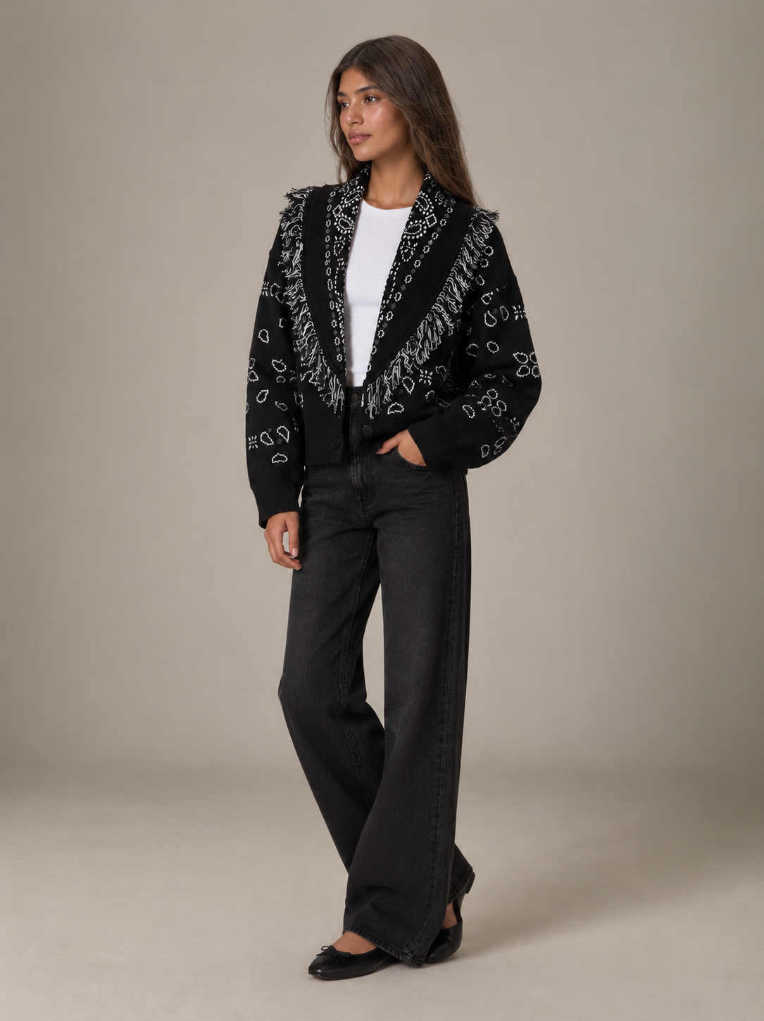 ROMY - BLACK FRINGED BUTTON CARDIGAN