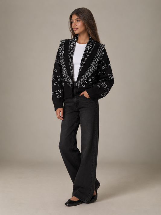 ROMY - BLACK FRINGED BUTTON CARDIGAN