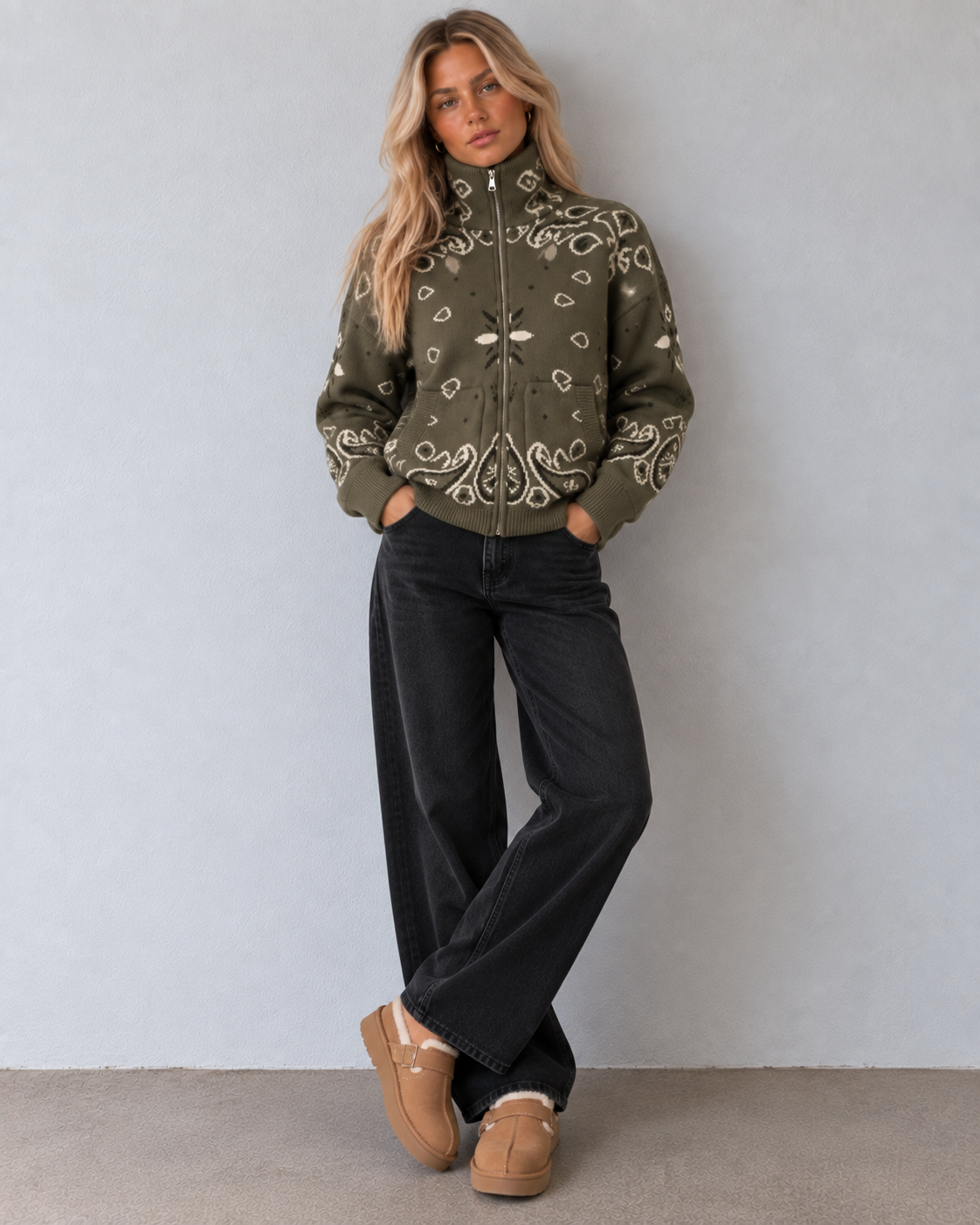 JOEY - OLIVE PAISLEY ZIP UP CARDIGAN