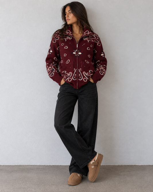 JOEY - MERLOT PAISLEY ZIP UP CARDIGAN