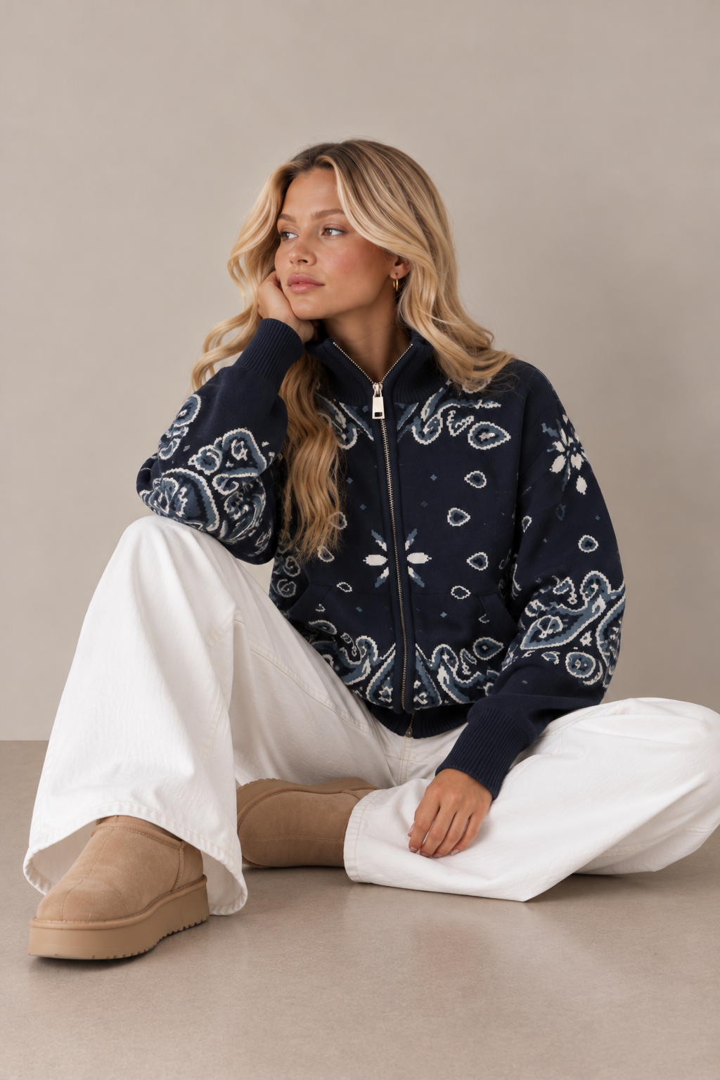 JOEY - NAVY PAISLEY ZIP UP CARDIGAN
