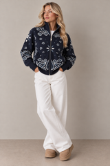 JOEY - NAVY PAISLEY ZIP UP CARDIGAN