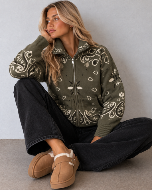 JOEY - OLIVE PAISLEY ZIP UP CARDIGAN