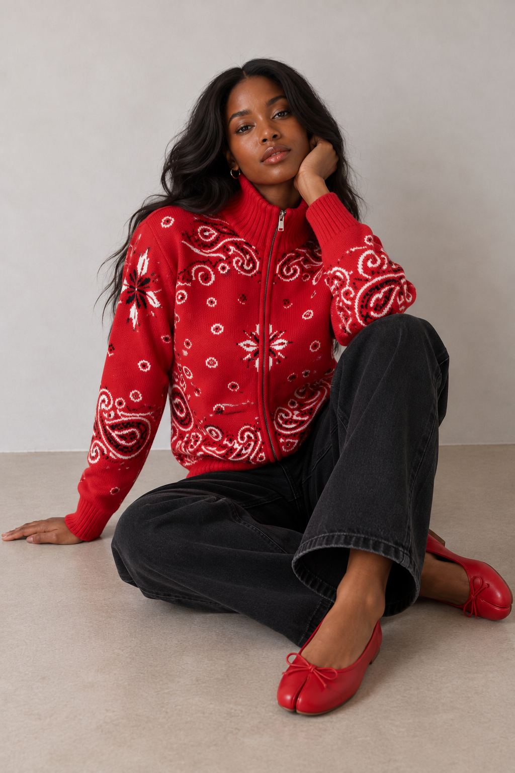 JOEY - RED PAISLEY ZIP UP CARDIGAN