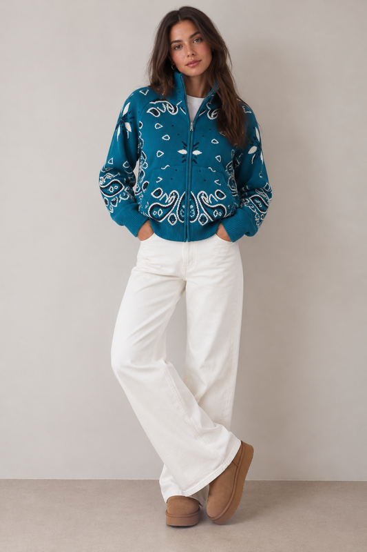 JOEY - TEAL PAISLEY ZIP UP CARDIGAN