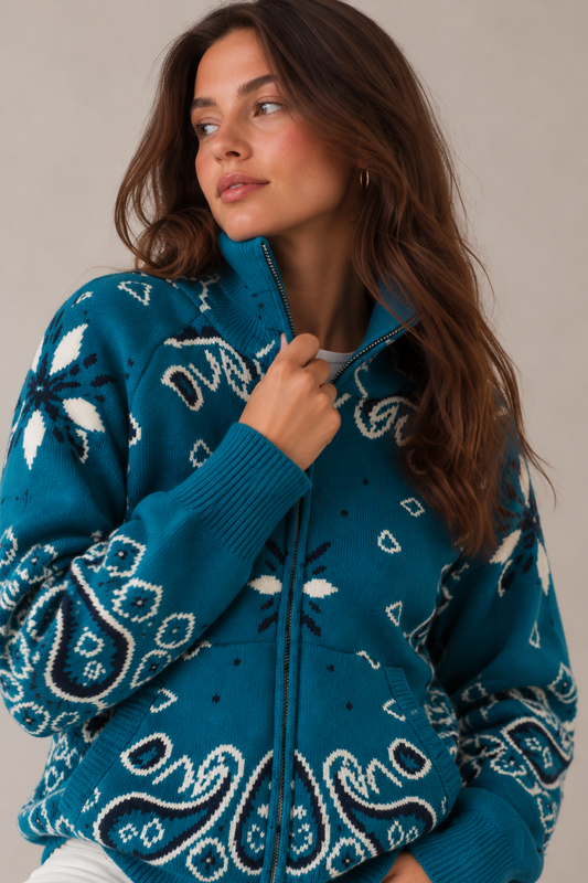 JOEY - TEAL PAISLEY ZIP UP CARDIGAN